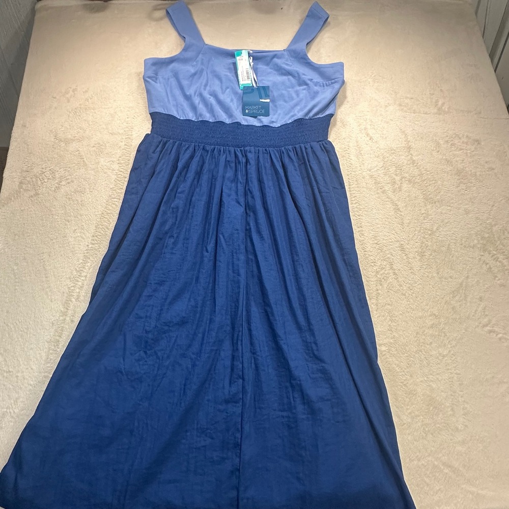 Market & Spruce Margie Mixed Media Dress Blue 2X Sleeveless Smocked Maxi New